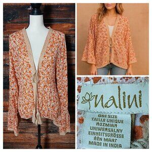 NWT Nalini Top OS Kimono Cardigan Floral Rayon Bell Sleeve Tassel Tie Front Boho